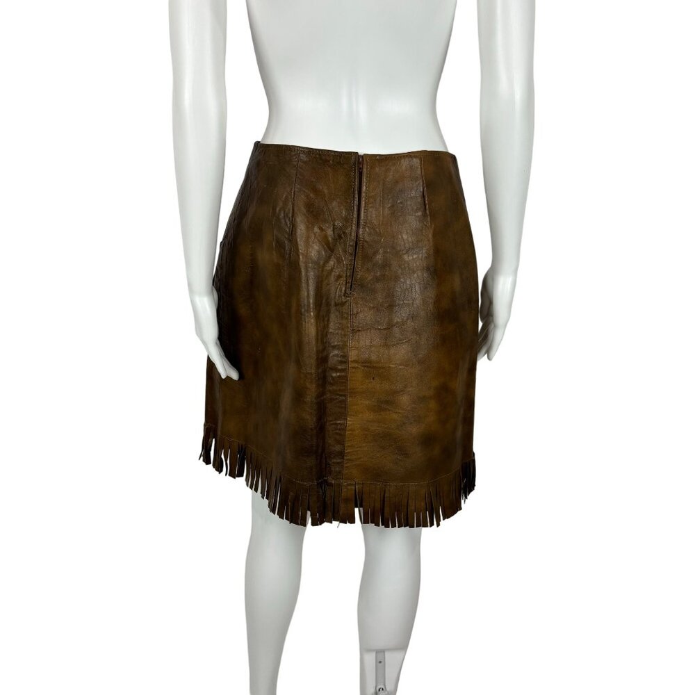 Vintage 60s Faux Leather Skirt Women's Small Brown Fringe Mini Cowgirl Western - Picture 7 of 9